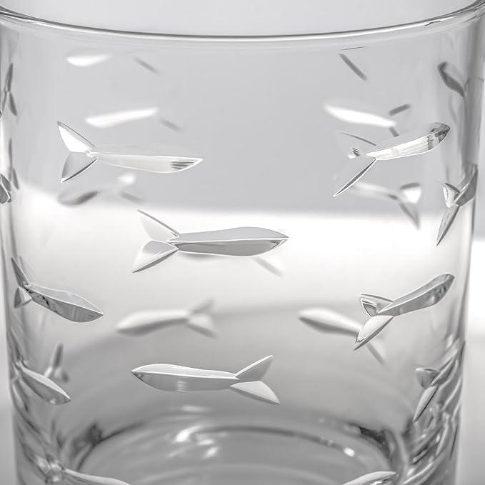 Rolf Glass School of Fish 13oz Double Old Fashioned Glass | Whiskey Glass Set of 4 | Lead-Free Glass | Engraved Tumbler Glasses | Designed and Engraved in the US