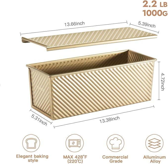 CURTA Commercial Pullman Loaf Pan with Lid 2.2 lb Dough Capacity Non-Stick Bakeware for Baking Bread Corrugated Bread Toast Mold extra large loaf pan Champagne Gold 1pcs
