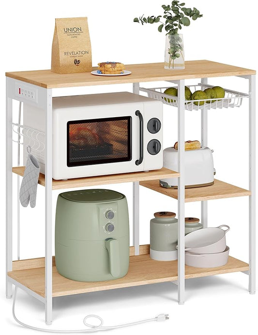 VASAGLE Baker's Rack, Coffee Bar Stand with Charging Station, Storage Shelves, Pull-Out Wire Basket, Table for Microwave, Kitchen, Oak Beige UKKS036Y09, 15.7 x 35.4 x 35.6 Inches
