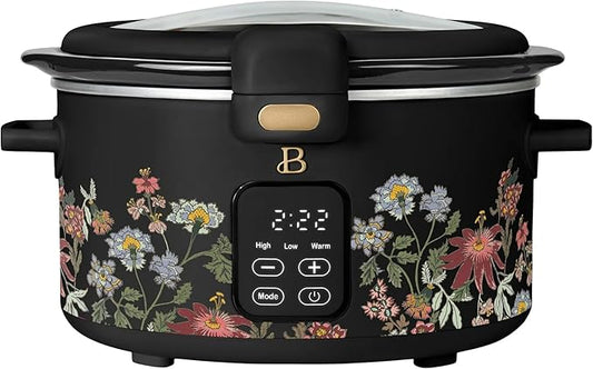 Beautiful 4-Qt Programmable Slow Cooker with Hinged Locking Lid & Touch Display – 3 Heat / 4 Timer Settings (Wildflower Black)
