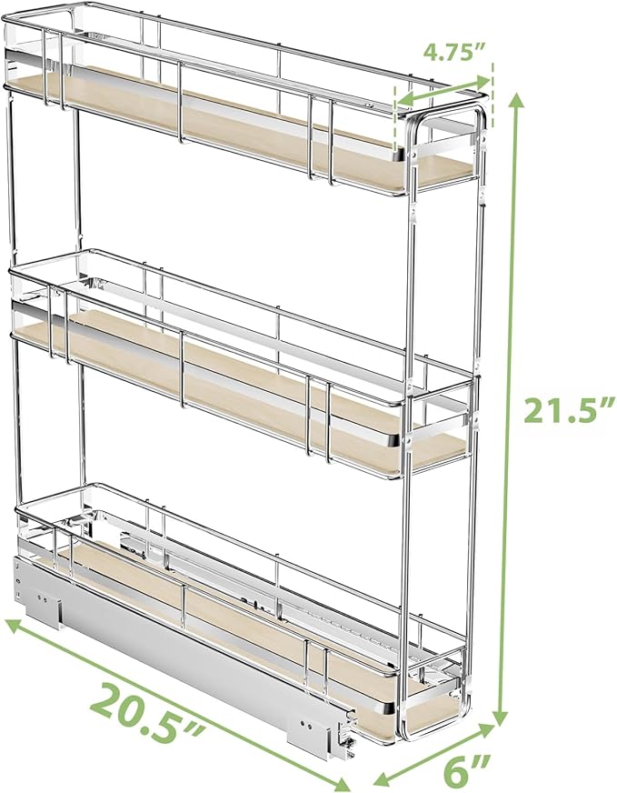 ROOMTEC 3-Tier Pull Out Cabinet Organizer Spice Rack for Narrow Cabinet 6" W x 20½" D, Slide Out Wood Shelves Storage for Kitchen