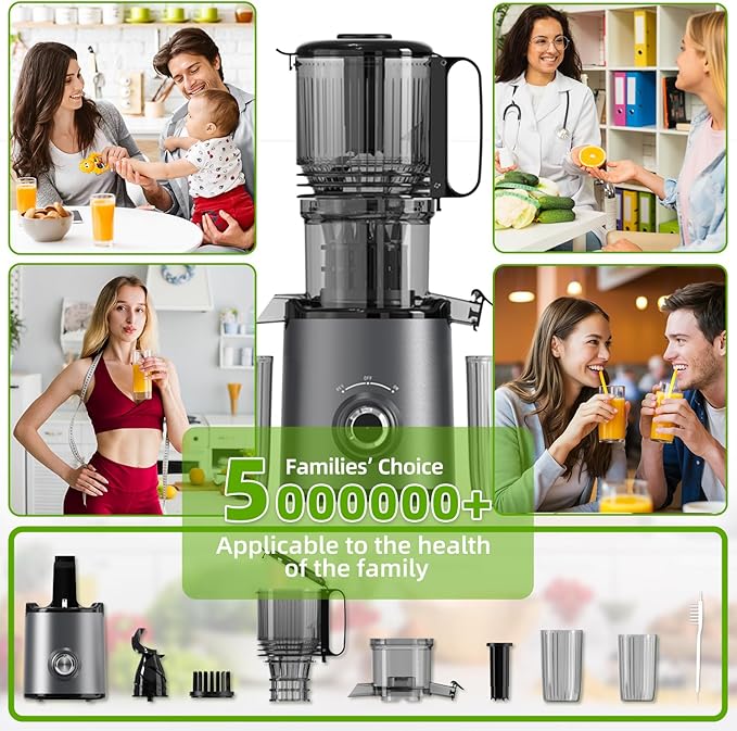 Budsom Cold Press Juicer Machine: 300W Slow Masticating Juicer for Whole Fruits & Vegetables, 5.3" Wide Feed Chute, High Juice Yield, Easy to Clean, Quiet 55 RPM, Juice Extractor for Home & Kitchen