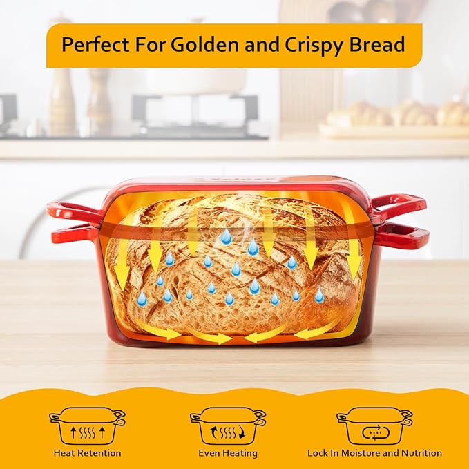 Velaze 3.6QT Dutch Oven for Bread Baking,Oval Cast Iron Enameled Bread Oven Pan with Lid and Offset Handles,Oven Safe to 500°F for Homemade Sourdough Bread(Red)