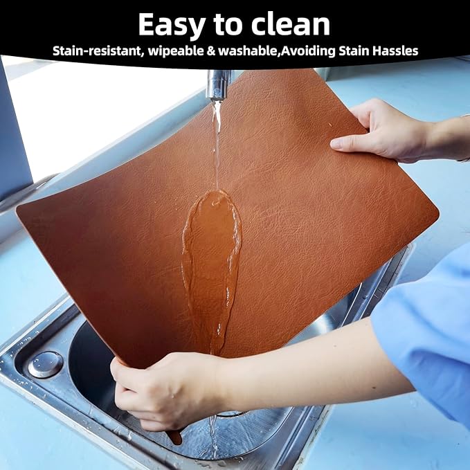 Vinyl Placemats Set of 6-12×17.7 Inch Waterproof & Heattable Placemats, Fall Faux Leather Wipeable Outdoor Table Mat for Dining, Kitchen, Indoor Outdoor Use(Camel, Cowhide Grain)