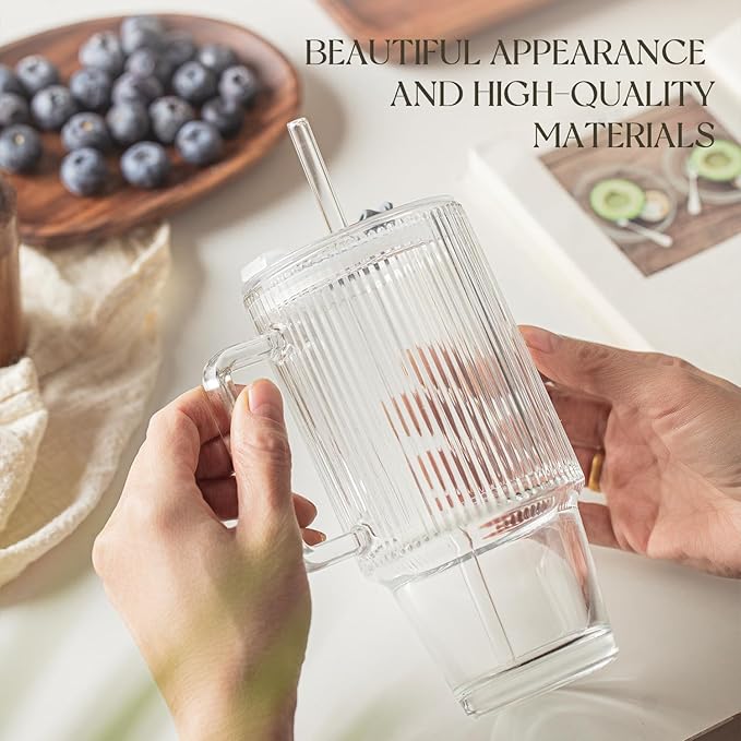 KEMORELA 4PCS 24oz Ribbed Glass Tumblers with Lids & Straws – Textured Handle Drinking Glasses for Iced Coffee, Smoothies, Cold Beverages – Reusable Clear Drinkware Set, Dishwasher Safe