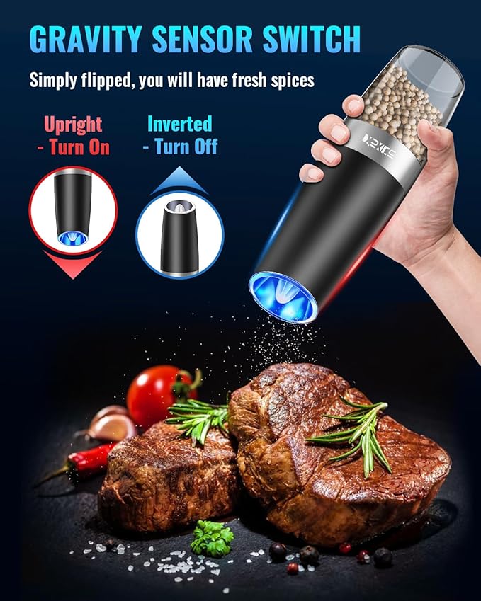 XinXu Gravity Electric Pepper and Salt Grinder Set, Adjustable Coarseness, Battery Powered with LED Light, One Hand Automatic Operation, 2 Pack/Black