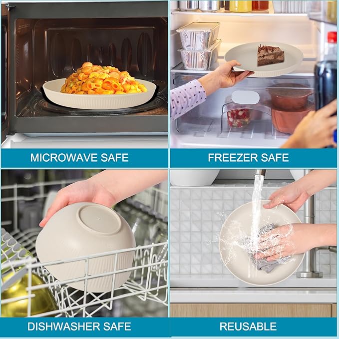 18pcs Wheat Straw Dinnerware Sets, Unbreakable dish Set Reusable Plates, Bowls, and Cups Set dishes Dishwasher Microwave Safe for Kitchen Outdoor Travel Camping (Beige)