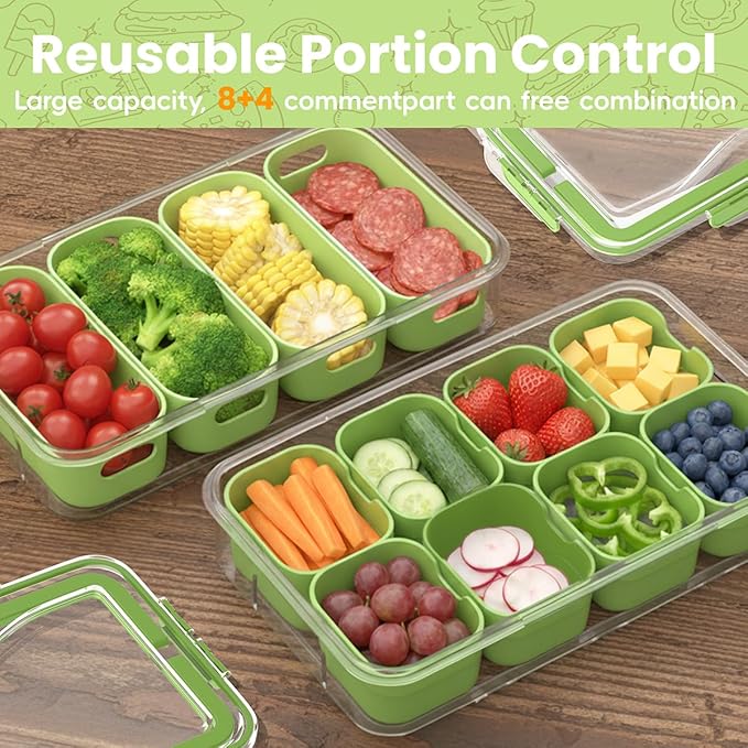 2 Pack Divided Serving Tray with Lid and Handle-Snackle Box Large Charcuterie Container for Portable Fridge Snack Platters-Reusable 8 Compartment Clear Storage Organizer(Green)