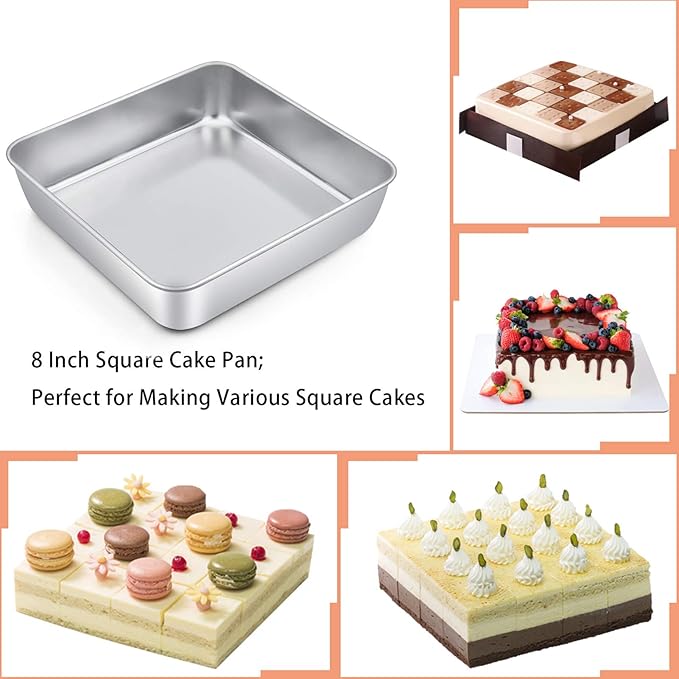 TeamFar Square Cake Pan with Lid (1 Pan & 1 Lid), 8 Inch Square Stainless Steel Baking Tray Cake Brownie Tin For Meal Prep Storage Transporting Food, Healthy & Sturdy, Dishwasher Safe