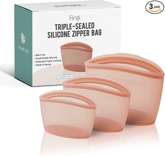 Reusable Silicone Food Storage Bags 3Set Airtight food Storage Containers Food Grade Silicone Snack Bags, BPA Free Food Storage Container, Microwave Safe, Sous Vide Container, Rose, 17oz+29oz+51oz