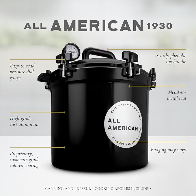 All American 1930 21.5qt Pressure Cooker/Canner (The 921), Onyx Black - Exclusive Metal-to-Metal Sealing System - Suitable for Gas, Electric, or Flat Top Stoves - Made in the USA