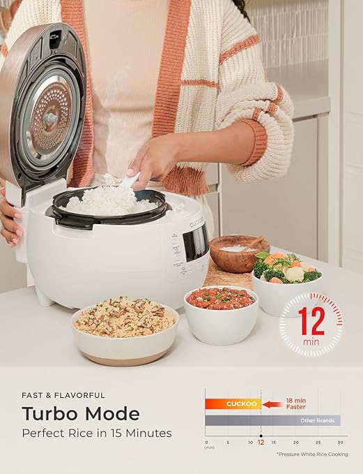 Cuckoo CRP-RT0609FW 6 cup Twin Pressure Plate Rice Cooker & Warmer with High Heat, GABA, Mixed, Scorched, Turbo, Porridge, Baby Food, Steam (Hi/Non Press.) and more, Made in Korea (White)