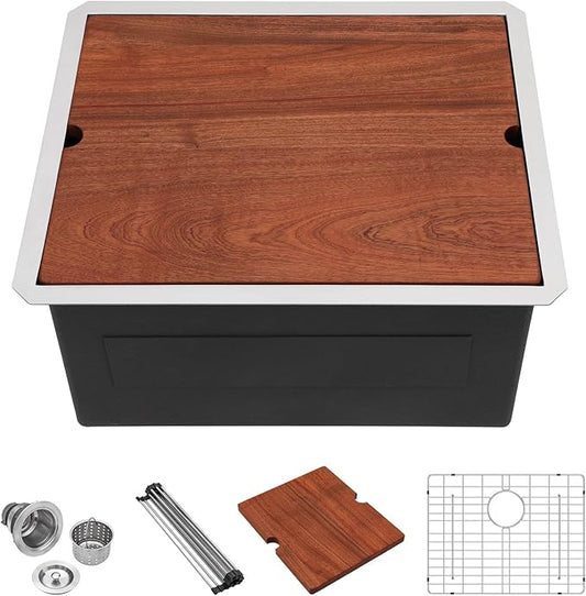 Lordear 23 Inch Laundry Room Sink Undermount 16 Gauge Stainless Steel Single Bowl 13 Inch Deep Handmade Utility Sink with Full Cutting Board, 23" x 19" x 13"