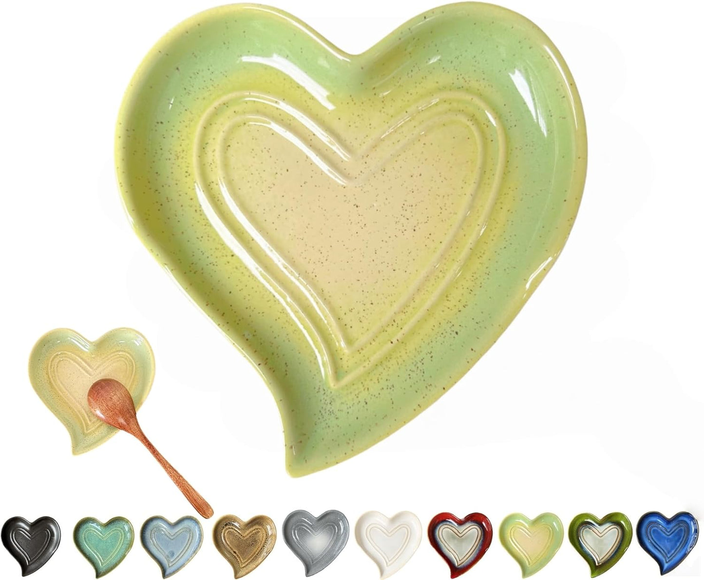 Ceramic Spoon Rest for Stove Top, Heart Cute Spoon Rest for Kitchen Counter, Cooking Spoon Holder for Kitchen Counter, Utensil Rest Spatula Rest Ladle Holder Tong Rest (Yellow Green)
