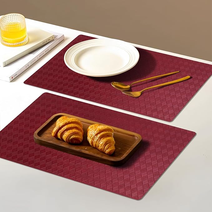 Vinyl Placemats Set of 6-12×17.7 Inch Waterproof & Heattable Placemats, Fall Faux Leather Wipeable Outdoor Table Mat for Dining, Kitchen, Indoor Outdoor Use (Grenadine Red, Diamond pattern)