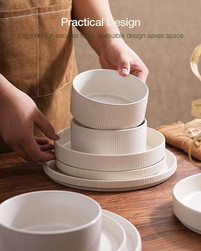 Famiware Star Dinnerware Sets, Plates and Bowls Set for 4, 12 Pieces Ribbed Dishes - Chip and Scratch Resistant, Microwave and Dishwasher Safe Tableware, Matte White