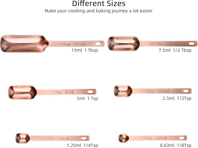 Copper Measuring Spoons Set, 6 Metal Measuring Spoons With Leveler, Long Handle Stainless Steel Measuring Spoons for Dry & Wet Ingredients During Kitchen & Baking