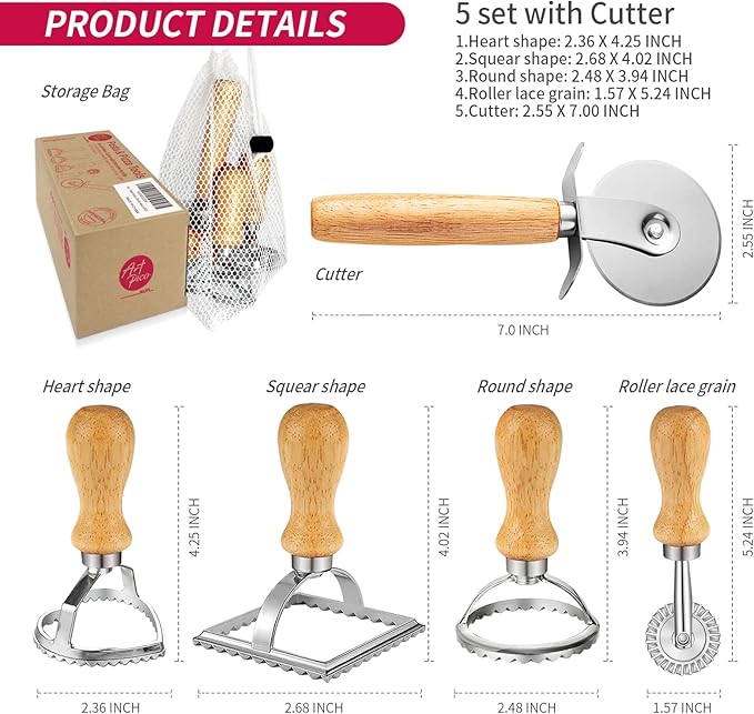 Artpico Ravioli Stamp Maker Cutter Roller Wheel Set of 5 Pasta Making Kit Wooden Handle Fluted Edge for Ravioli Press Cutter Pastry Dumplings Lasagna Pierogi Dough cut