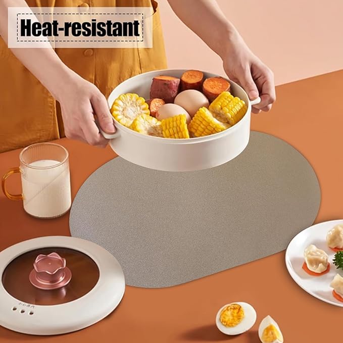 Oval Faux Leather Placemats Set of 6,Reversible PU Placemat for Dining Table,Waterproof Heat Resistant Wipeable Anti Slip Table Mats,Modern Table Protectors(Grey and Gold)