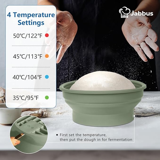 Electric Heating Bread Proofing Basket, Sourdough Starter Warmer - 4 Heat Settings, Foldable 9-Inch Sourdough Starter Kit, Silicone Banneton Basket-Multipurpose for Warming Pet Food, Green