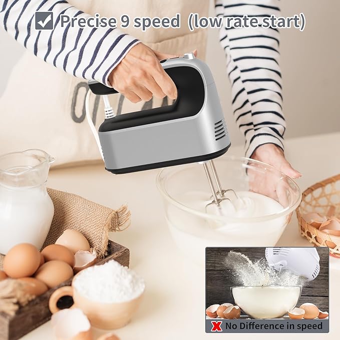 9-Speed Digital Hand Mixer Electric, 400W Powerful DC Motor Low Noise, Baking Mixer Handheld with Snap-On Storage Case, 5x Stainless Steel Accessories, Flat Beaters, Dough Hooks, Whisk