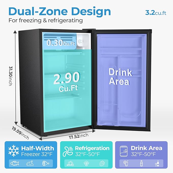 Antarctic Star 3.2 Cu.Ft. Mini Fridge with Freezer, Small Refrigerators with Adjustable Thermostat, Low Noise, Energy Saving, Compact Refrigerators for College Dorm, Office, Apartment, Stainless Steel