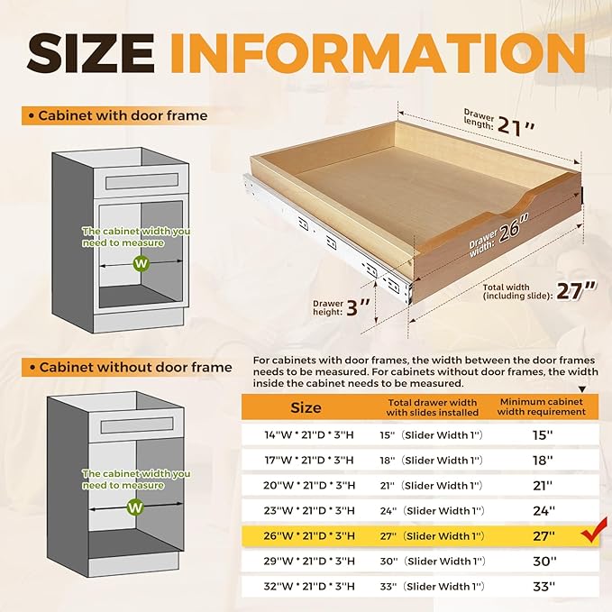 Pull Out Drawers for Cabinet Wood Slide Out Cabinet Organizer and Storage Cabinet Kitchen Drawers Slide Out Shelves Pull Out Shelves in Kitchen Pantry Bathroom with Soft Close 27"W x 22"D x 3"H
