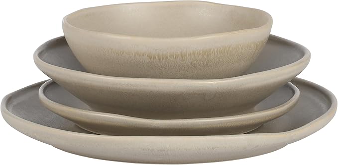 Gibson Elite Island Cove 16 Piece (Service for 4) Plates and Bowls Reactive Glaze Organic Round Dishes Stoneware Ceramic Dinnerware Set -Light Grey