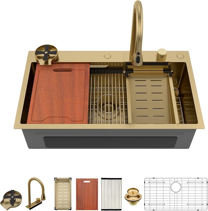 Lordear 33 Watefall Gold Kitchen Sink Drop In 33x19x9 Inch Topmount Sink Stainless Steel 16 Gauge Single Bowl Multifunctional Workstation Sinks with Built-in Accessories