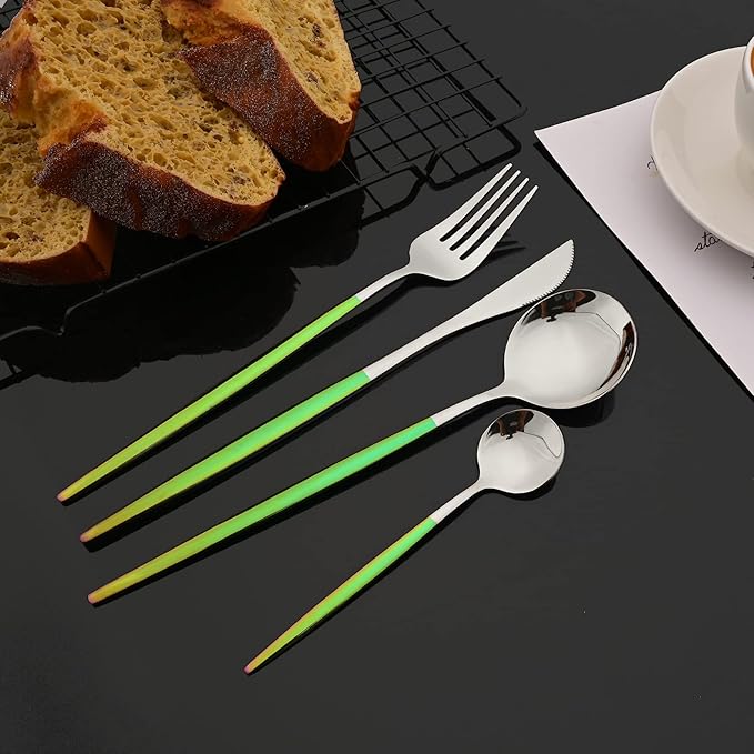 JASHII Flatware Set 24 Piece, Stainless Steel Silverware Set, Macaron Small Fresh Color Cutlery Set, Modern Elegant Tableware Set for Party, Christmas, Dinner (Rainbow Silver)