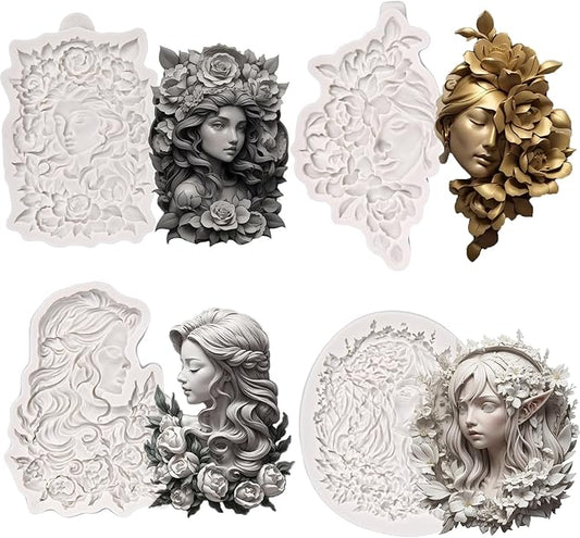 (Four-piece set) Flower girl portrait relief, DIY silicone mold, cake chocolate mold wedding cake decoration tool soft cake mold