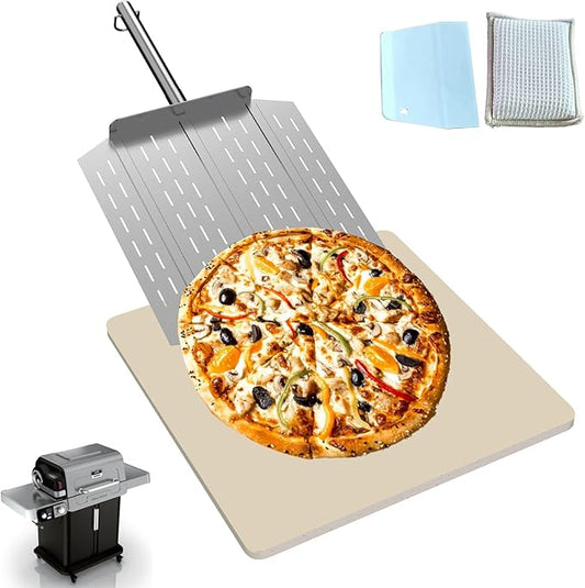 16 Inch Square Pizza Stone for Ninja FlexFlame Grill and Oven, Universal Large Ceramic Stone with Pizza Peel & Plastic Scraper for Ninja Flex Flame Accessories, Kit for Cooking Bread, Calzones & More