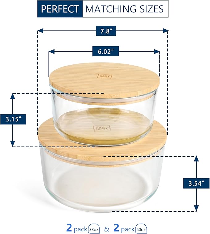 DE Glass Food Storage Containers with Bamboo Lids – 4 Pack Round (2x33oz + 2x60oz) – BPA-Free Borosilicate Glass Meal Prep Containers – Plastic-Free, Oven, Microwave, Freezer Safe