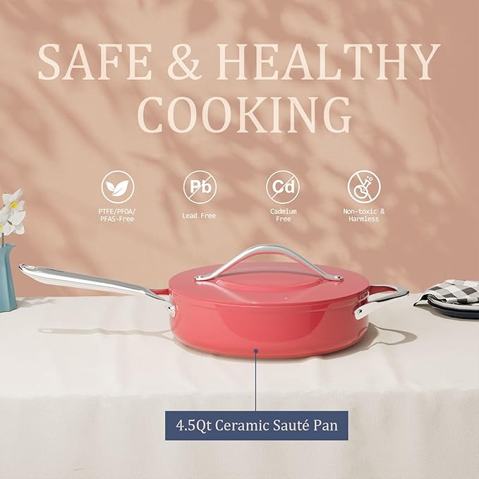 Nonstick Ceramic Sauté Pan with Lid (4.5 qt, 11") Deep Frying Pan for All Cooktops Non Toxic Skillet PTFE/PFAS Free Dishwasher & Oven Safe up to 500°F w/Stainless Steel Handle, Fusion Red