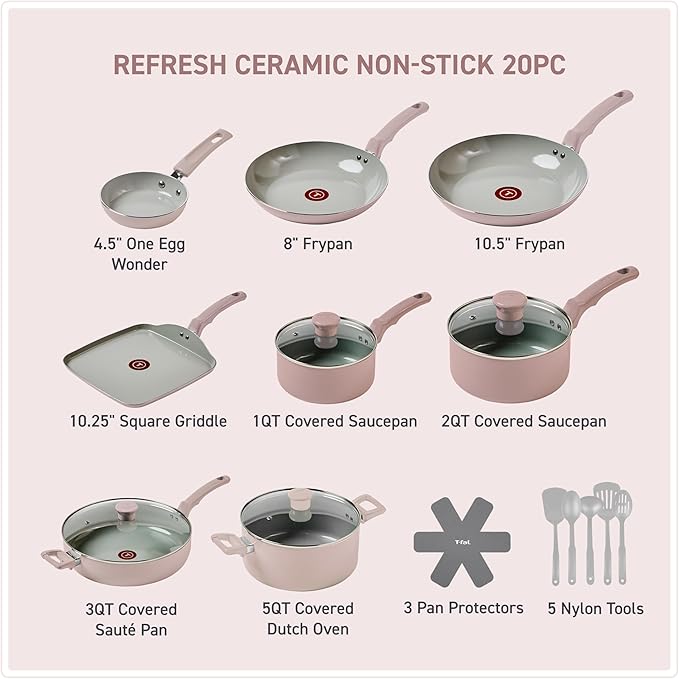 T-Fal Refresh Ceramic Pots and Pans Set, Nonstick Cookware, 20-Piece, Oven Safe to 350°F, Ceramic Cookware Set, Stockpot, Griddle, Frying Pans, Utensils, Dusty Rose