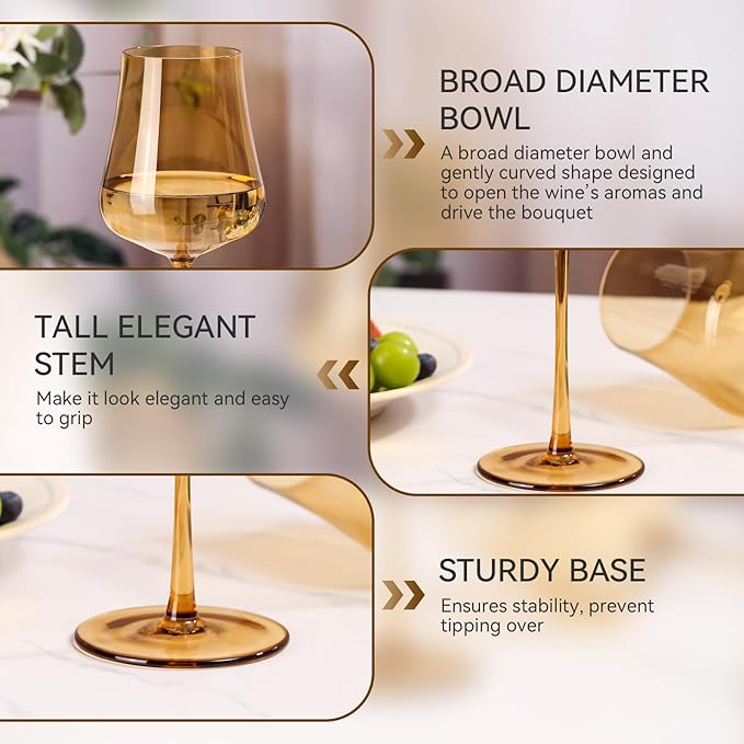 Amber Wine Glasses Set of 6-18oz Hand Blown Colorful Wine Glasses Unique Gift for Birthday,Wedding, housewarming