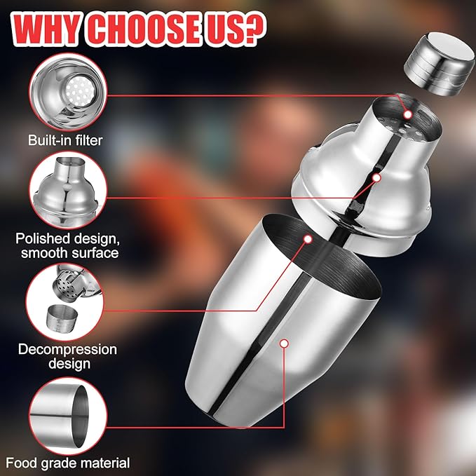 Nitial 6 Pcs Bar Cocktail Shaker Professional Stainless Steel Martini Drink Mixer with Built-in Strainer for Bartending No Leaks Boston Shaker for Bar Party Drink Mixing Tool(11.8 oz,Silver)