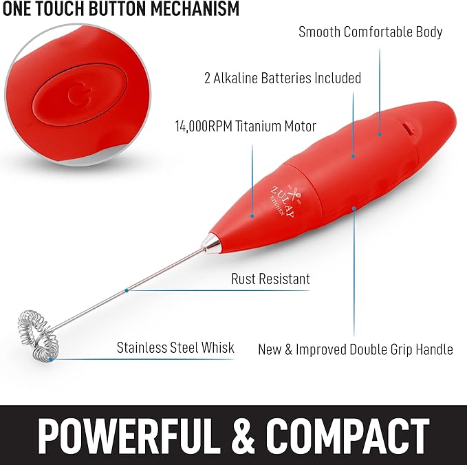 Zulay Double Grip Milk Frother for Coffee With Upgraded Holster Stand - Coffee Frother Handheld - Electric Handheld Foam Maker - Hand Mixer for Latte, Matcha - Electric Whisk (Red)