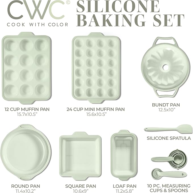 COOK WITH COLOR 17 Pc. Silicone Baking Pan Set - Non-Stick & Easy Clean Silicone Muffin Pans for Baking with Sturdy Metal Frame for Stability, Flexible Cake Molds, Includes Measuring Cups and Spoons