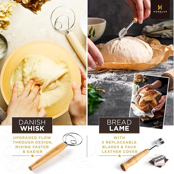 Sourdough Starter Kit, 14pcs Bread Making Kit & Sourdough Bread Baking Supplies Kit, Banneton Basket Kit for Sourdough Proofing with Bread Baking bowl for Artisan Breads (Yellow) by HOMELUX THEORY