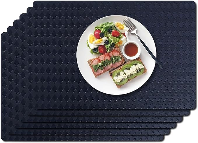 Vinyl Placemats Set of 6-12×17.7 Inch Waterproof & Heattable Placemats, Fall Faux Leather Wipeable Outdoor Table Mat for Dining, Kitchen, Indoor Outdoor Use (Dark Blue, Diamond Pattern)