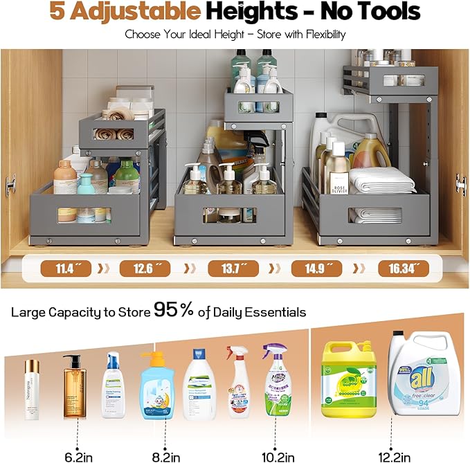 2-Pack Under Sink Organizers and Storage,2-Tier L Shape Pull Out Cabinet Organizer With Round Tube Slide Rails,Hight Adjustable Slide Out Drawers for Kitchen&Bathroom,Multi-Purpose Storage Shelf-Gray