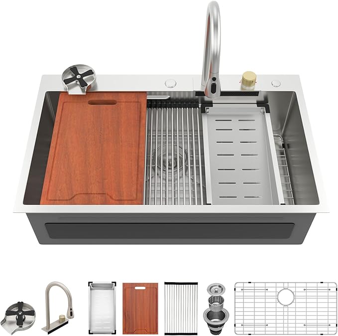 36 Drop In Kitchen Sink with Faucet - Lordear Waterfall Kitchen Sink Smart 36x22 Topmount Sink Stainless Steel 16 Gauge Single Bowl Workstation Sinks With Faucet Combo