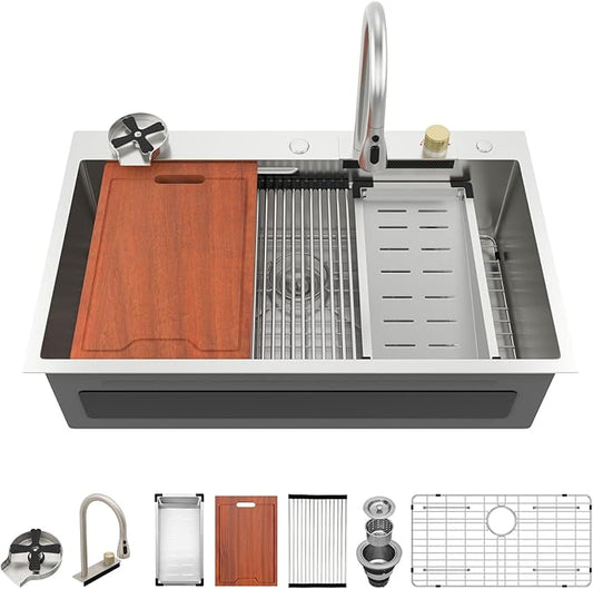 36 Drop In Kitchen Sink with Faucet - Lordear Waterfall Kitchen Sink Smart 36x22 Topmount Sink Stainless Steel 16 Gauge Single Bowl Workstation Sinks With Faucet Combo