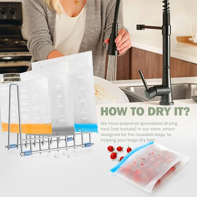 Dishwasher Safe Reusable Storage Bags Stand Up - BPA Free Reusable Sandwich Bags - Leakproof Gallon Freezer Bags, Silicone Food Storage Bags - Grey 12 Sandwich Bags