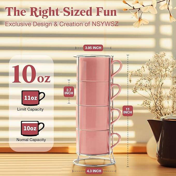 10 Ounce Pink Porcelain Stackable Cappuccino Cups with Stainless Steel Holder, Set of 4, Durable Ceramic, Perfect for Home, Office or Gift