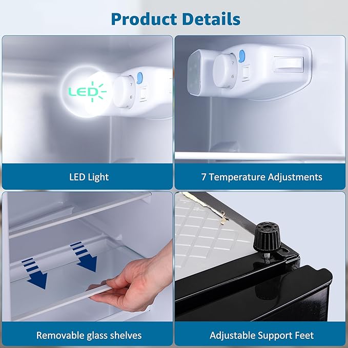 Mini Fridge with Freezer 4.8 Cu. Ft 2 Door Refrigerator, Dorm Fridge with 7 Adjustable Thermostat & Shelves, Compact Mini Refrigerator Freezer for RV, Kitchen, Office, Black