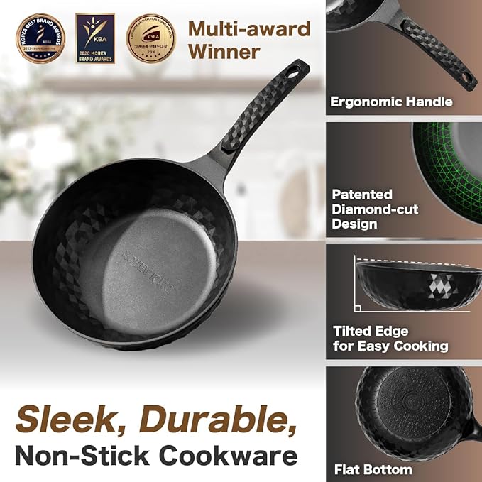 Diamond X Premium Non Stick Wok Pan with Lid - 11" Large Flat Bottom Chinese Wok - Woks & Stir-fry Pans Nonstick - Titanium-Coated 8-Layered Korean Engineered Skillet for Frying, Oil-Free, PFOA-Free