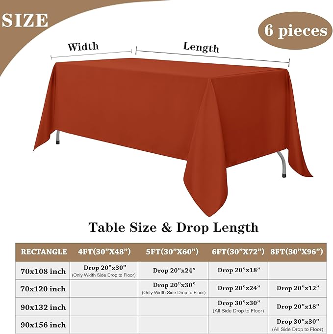 Fitable 8 Pack Rectangle Tablecloths: Stain Resistant Wrinkle Free Fall Table Clothes, Washable Reusable Polyester Table Covers for Wedding Thanksgiving Party Birthday Banquet(Rust, 70x108 Inch)