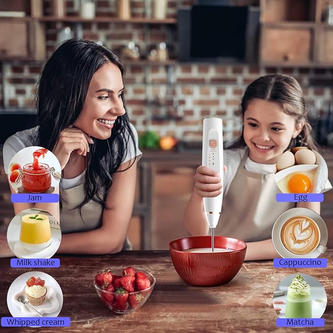 Milk Frother Handheld Foam Maker with 2 Stainless Stirring Head 3 Speed Rechargeable Electric Blender Milk Frother Wand Drink Mixer for Cappuccino Matcha Latte Hot Chocolate Protein Powder Egg (White)